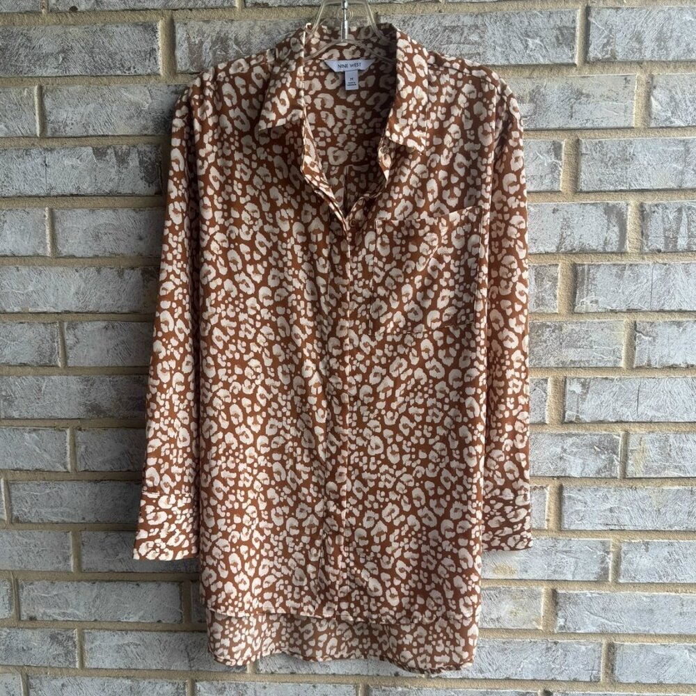 Nine West Brown and Cream Leopard Print Button-Up Blouse